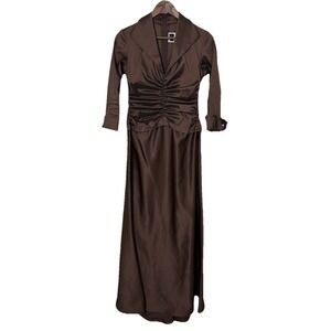 Vintage 90s Tadashi Ruched Waist Formal Gown Size 8 Brown Maxi Dress Bridal